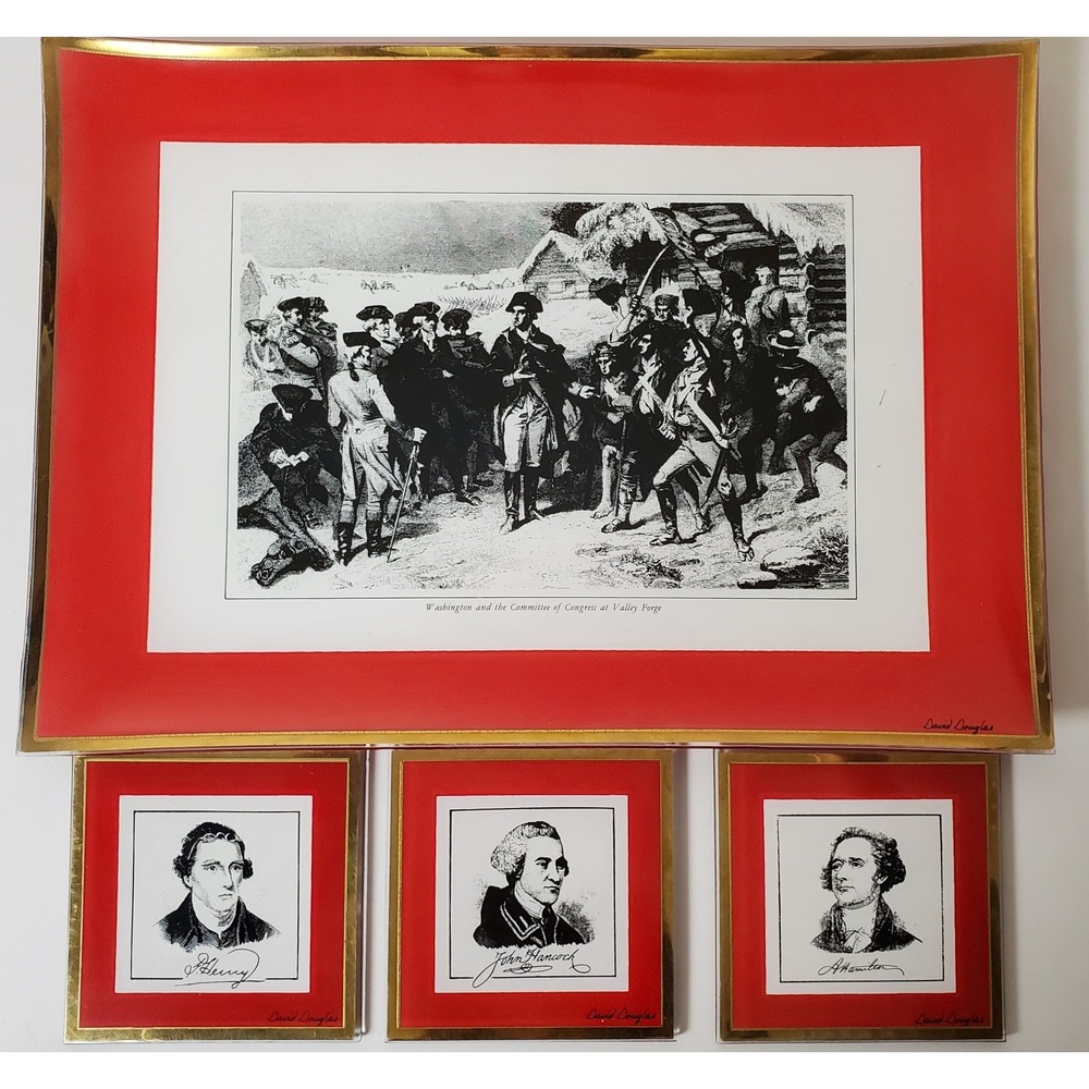 Vintage David Douglas Set Washington Valley Forge Tray Founding Fathers Coasters